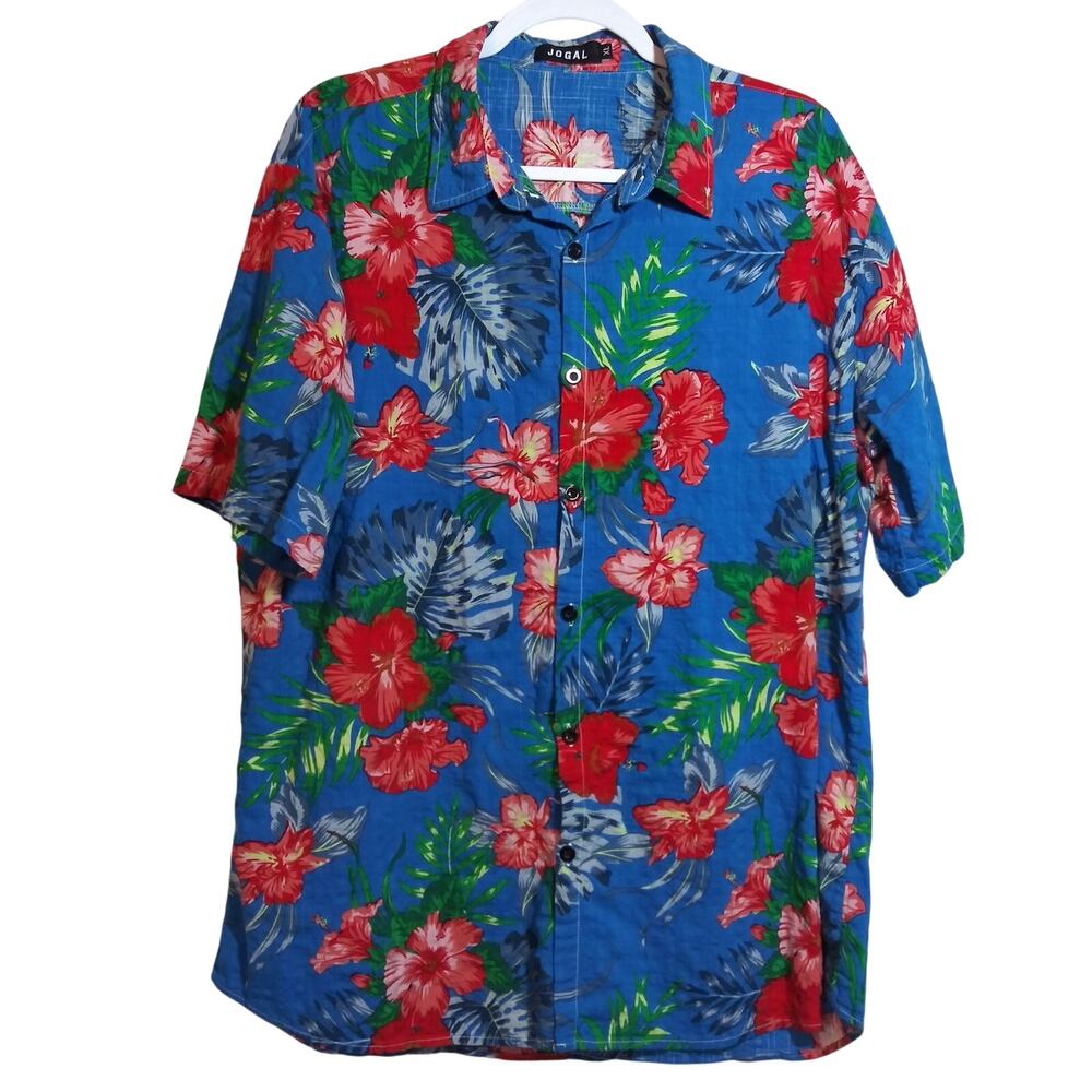 Jogal Blue Hawaiian Short Sleeve Button Front Casual Vacation Size XL